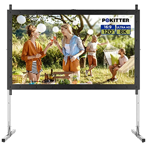 Projector Screen and Stand, POKITTER 120 inch Outdoor Movie Screen-Upgraded 3 Layers PVC 16:9 Outdoor Projector Screen,Portable Video Projection Screen with Carrying Bag for Home Theater Backyard