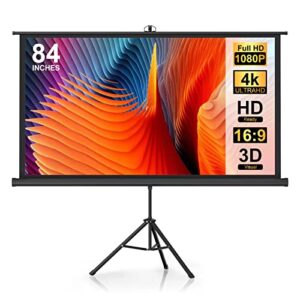 portable projector screen tripod stand，84 inch outdoor projector screen easy setup and carrying, pvc movie projector screen with 1.2 gain glass fiber, idea for home/meeting/indoor/outdoor use