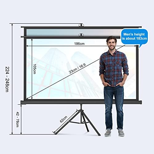 Portable Projector Screen Tripod Stand，84 Inch Outdoor Projector Screen Easy Setup and Carrying, PVC Movie Projector Screen with 1.2 Gain Glass Fiber, Idea for Home/Meeting/Indoor/Outdoor Use