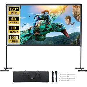 yowhick projector screen with stand 120 inch outdoor indoor projection screen, foldable portable hd 4k double sided projection screen with carry bag and sturdy frame