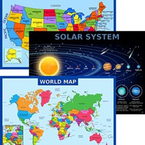 World Map Poster, United States USA Map, Solar System Posters for Kids - Laminated, Size 14x19.5 in.- Educational Posters for Elementary Classroom Decorations, Teacher Supplies (Maps and Solar)