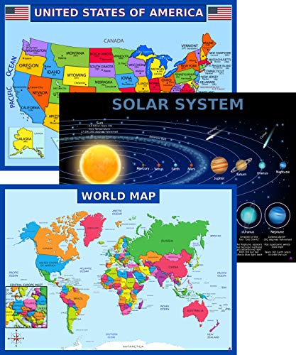 World Map Poster, United States USA Map, Solar System Posters for Kids - Laminated, Size 14x19.5 in.- Educational Posters for Elementary Classroom Decorations, Teacher Supplies (Maps and Solar)