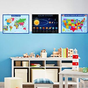 World Map Poster, United States USA Map, Solar System Posters for Kids - Laminated, Size 14x19.5 in.- Educational Posters for Elementary Classroom Decorations, Teacher Supplies (Maps and Solar)