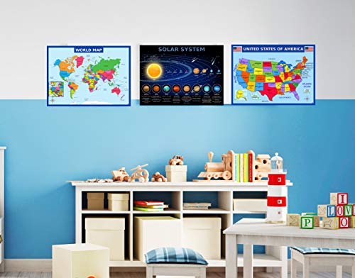 World Map Poster, United States USA Map, Solar System Posters for Kids - Laminated, Size 14x19.5 in.- Educational Posters for Elementary Classroom Decorations, Teacher Supplies (Maps and Solar)