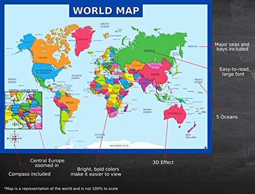 World Map Poster, United States USA Map, Solar System Posters for Kids - Laminated, Size 14x19.5 in.- Educational Posters for Elementary Classroom Decorations, Teacher Supplies (Maps and Solar)