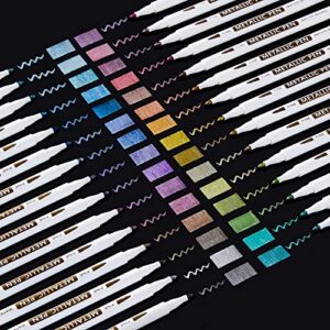 shuttle art metallic marker pens, 30 colors metallic paint markers with 1 coloring book fine point for diy card, calligraphy, art and crafting projects, works great on black paper, scrapbooks, rock