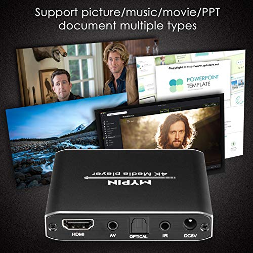 4K Media Player with Remote Control, Digital MP4 Player for 8TB HDD/USB Drive/TF Card/H.265 MP4 PPT MKV AVI Support HDMI/AV/Optical Out and USB Mouse/Keyboard-HDMI up to 7.1 Surround Sound (Black)