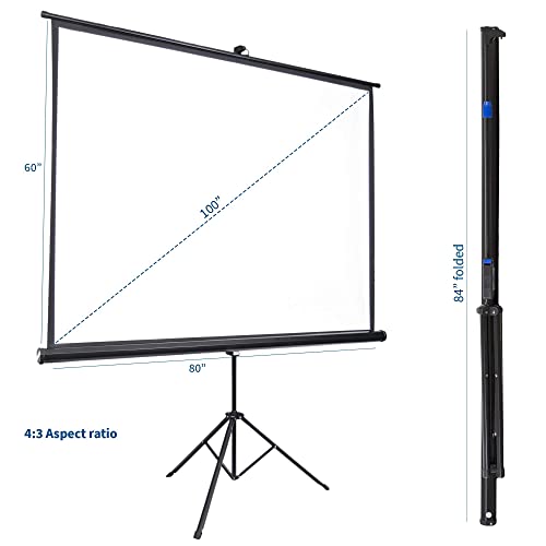 VIVO 100 inch Portable Indoor Outdoor Projector Screen, 100 Inch Diagonal Projection HD 4:3 Projection Pull Up Foldable Stand Tripod with Carrying Bag, Bundle