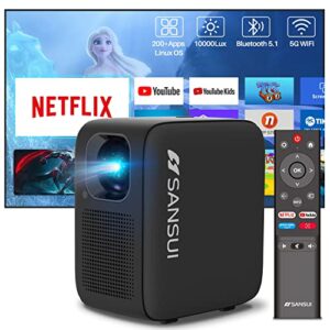sansui portable projector with wifi and bluetooth, 1080p smart projector netflix-licensed,10000 lumens,auto keystone correction,hi-fi audio hdr 10 for home theatre outdoor movies