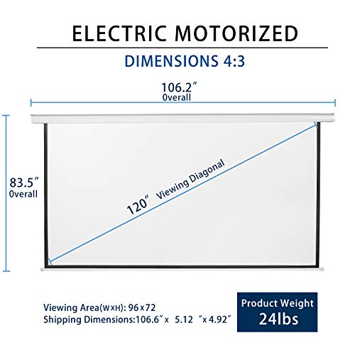 120" Motorized Projector Screen Electric Diagonal Automatic Projection 4:3 HD Movies Screen for Home Theater Presentation Education Outdoor Indoor W/Remote Control and Wall/Ceiling Mount (White)