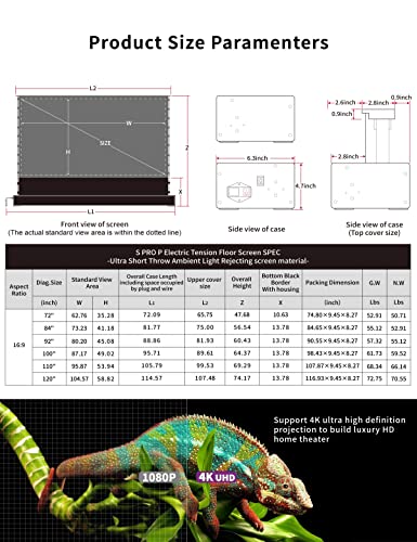 VIVIDSTORM-Projector Screens S PRO P 120inch Perforate Sound Transparent Electric Tension Floor Screen, Portable ALR Movie Theater Compatible Ultra Short Focus Laser Projector,VSDSTUST120HP-WB