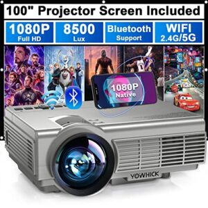 projector with wifi and bluetooth, 5g wifi native 1080p 9500l yowhick outdoor projector 4k support, mini portable movie projector with screen, for hdmi, vga, usb, laptop, ios & android phone