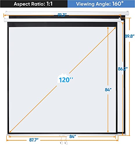 ZENY Portable Projector Screen Manual Pull Down 120 Inch 1:1 Hanging Projection Screen 4K Indoor Outdoor Movies Screen for Home Theater Office Video Game