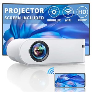 yaber mini projector with screen, 1080p full hd 8000l outdoor movie projector, portable wifi projector compatible with tv stick/ios/android/tv stick/pc/ps5, for home theater & outdoor movies
