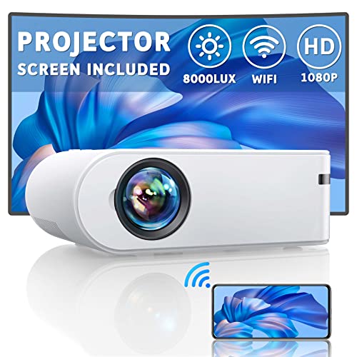 YABER Mini Projector with Screen, 1080P Full HD 8000L Outdoor Movie Projector, Portable WiFi Projector Compatible with TV Stick/iOS/Android/TV Stick/PC/PS5, for Home Theater & Outdoor Movies