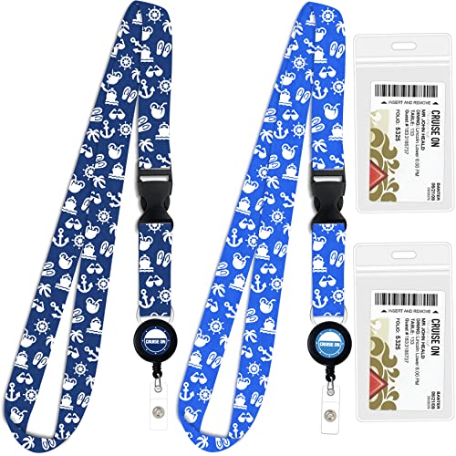 Cruise Lanyard Essentials for Ship Cards [2 Pack] Cruise Lanyards with ID Holder, Key Card Retractable Badge & Waterproof Ship Card Holders (Blue & Royal Blue)