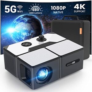 projector with wifi and bluetooth, 5g mini 1080p/ 4k support outdoor movie projector, 680 ansi ricilar portable home theater video projector compatible with phone/tv stick/usb (screen not included)