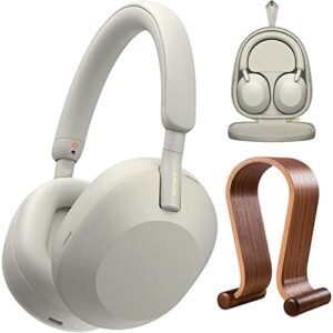 sony wh-1000xm5 wireless industry leading noise canceling headphones, silver bundle with deco gear wood headphone display stand and protective travel carry case