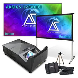 akia portable projector with screen outdoor projector and screen packages 16:9 123″ clr4 alr video projector screen compatible with hdmi vga usb hd for backyard home built-in battery, speaker, remote