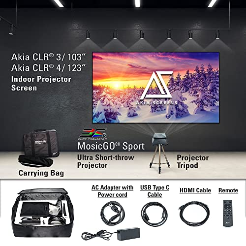 Akia Portable Projector with Screen Outdoor Projector and Screen Packages 16:9 123" CLR4 ALR Video Projector Screen Compatible with HDMI VGA USB HD for Backyard Home Built-in Battery, Speaker, Remote