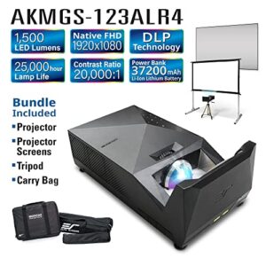 Akia Portable Projector with Screen Outdoor Projector and Screen Packages 16:9 123" CLR4 ALR Video Projector Screen Compatible with HDMI VGA USB HD for Backyard Home Built-in Battery, Speaker, Remote