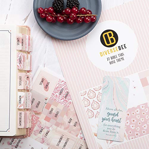 DiverseBee Laminated Bible Tabs for Women (Large Print, Easy to Read), Colorful Bible Journaling Book Tabs, Christian Gift, 66 Bible Tabs Old and New Testament, Includes 11 Blank Tabs - Rose Theme