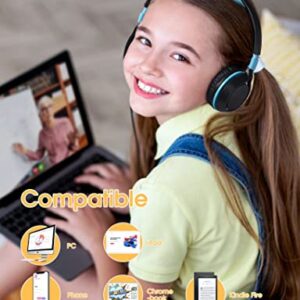 TUNEAKE Kids Headphones, Foldable Stereo On-Ear Kids Headset, 94dB Volume Limited, Adjustable Headband Headphones for Kids Teens, Tangle-Free 3.5mm Jack School Headphones for iPad Tablet, Blue Black