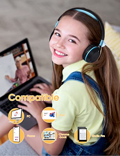 TUNEAKE Kids Headphones, Foldable Stereo On-Ear Kids Headset, 94dB Volume Limited, Adjustable Headband Headphones for Kids Teens, Tangle-Free 3.5mm Jack School Headphones for iPad Tablet, Blue Black