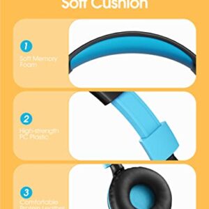 TUNEAKE Kids Headphones, Foldable Stereo On-Ear Kids Headset, 94dB Volume Limited, Adjustable Headband Headphones for Kids Teens, Tangle-Free 3.5mm Jack School Headphones for iPad Tablet, Blue Black