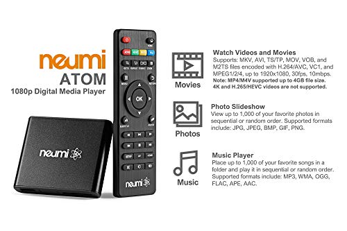 NEUMI Atom 1080P Full-HD Digital Media Player for USB Drives and SD Cards - with HDMI and Analog AV, Automatic Playback and Looping Capability