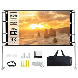 projector screen with stand, foldable portable movie screen outdoor indoor projection screen for home theater backyard cinema party office travel, 16:9 rear front projections movie screen, 122 inch