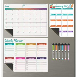 magnetic dry erase calendar for fridge: set of 3 boards – large horizontal 6-week magnetic monthly calendar + magnetic to-do list pad + magnetic shopping list pad for fridge – with 6 fine tip markers