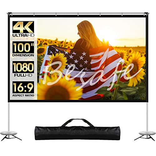 Projector Screen with Stand, 100 inch Outdoor Movie Screen with Tripods, 16:9 4K HD Portable Video Projection Screen for Backyard Home Theater Outside Movie Night Camping w Carry Bag (100 Inch)