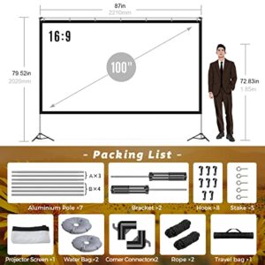 Projector Screen with Stand, 100 inch Outdoor Movie Screen with Tripods, 16:9 4K HD Portable Video Projection Screen for Backyard Home Theater Outside Movie Night Camping w Carry Bag (100 Inch)