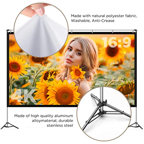 Projector Screen with Stand, 100 inch Outdoor Movie Screen with Tripods, 16:9 4K HD Portable Video Projection Screen for Backyard Home Theater Outside Movie Night Camping w Carry Bag (100 Inch)