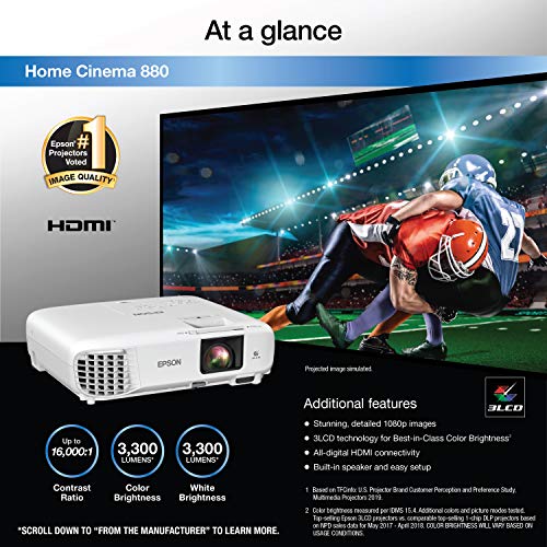 Epson Home Cinema 880 3-chip 3LCD 1080p Projector, 3300 lumens Color and White Brightness, Streaming and Home Theater, Built-in Speaker, Auto Picture Skew, 16,000:1 Contrast, HDMI 2.0, White (Renewed)