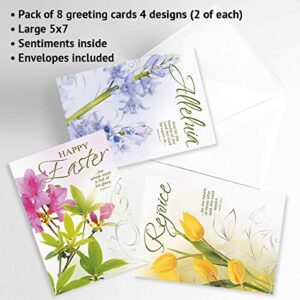 Deluxe Joy Religious Easter Greeting Cards - Set of 8 (4 designs), Envelopes Included, Inspiring Bible Messages for Christians and Catholics, 5 Inches x 7 Inches