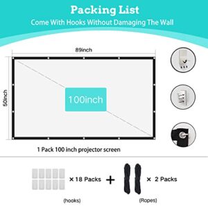 100 Inch Front and Rear Projector Screen, Simple Hangable Movie Screen with Hooks, Ropes, Portable Office Indoor & Outdoor Video Projection Screen