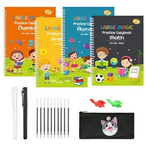 4 pack large magic practice copybook for kids,reusable handwriting workbook,grooves calligraphy practice for preschoolers,pen control writing skill practice,auto disappearing ink pen for beginner