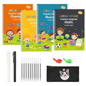 4 Pack Large Magic Practice Copybook for Kids,Reusable Handwriting Workbook,Grooves Calligraphy Practice for Preschoolers,Pen Control Writing Skill Practice,Auto Disappearing Ink Pen for Beginner