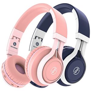 kids bluetooth headphones- kids headphones wireless of 22h playtime with mic, steoro sound, bluetooth 5.0, foldable, rechargable on-ear kids headsets for children study tablet airplane travel, 2pack