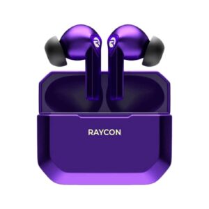 raycon the gaming bluetooth true wireless earbuds with built in mic, low latency, 31 hours of battery, charging case with talk, text, and play, bluetooth 5.0 (digital purple)