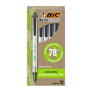 bic ecolutions clic stic black ballpoint pens, medium point (1.0mm), 12-count pack, retractable ball point pens made from 78% recycled plastic