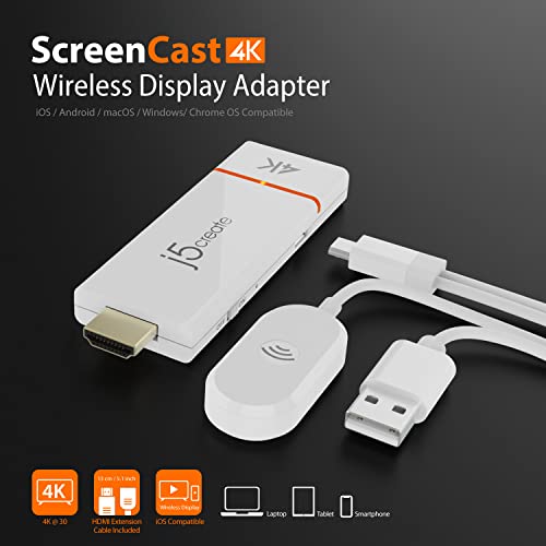 j5create ScreenCast 4K Wireless Adapter Screen Cast from Mobile Phone, Tablet, or Laptop Support for AirPlay, Miracast & Chromecast Mirror Extend for Windows & macOS Wireless Screen Display (JVAW76)