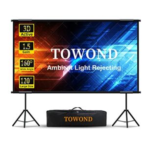 projector screen and stand,towond 120 inch ambient light rejecting screen outdoor indoor,portable 16:9 4k hd front anti-wrinkle movie screen with carry bag for home theater backyard cinema