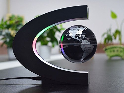 Senders Floating Globe with LED Lights C Shape Magnetic Levitation Floating Globe World Map for Desk Decoration (Black-Silver)