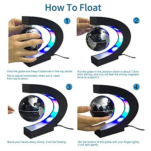 Senders Floating Globe with LED Lights C Shape Magnetic Levitation Floating Globe World Map for Desk Decoration (Black-Silver)