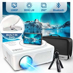 portable bluetooth 5.0 projector built-in dvd player, minlove native 1080p full hd dvd projector, mini outdoor movie projector with tripod, video projector compatible with ios/android/hdmi/tv stick