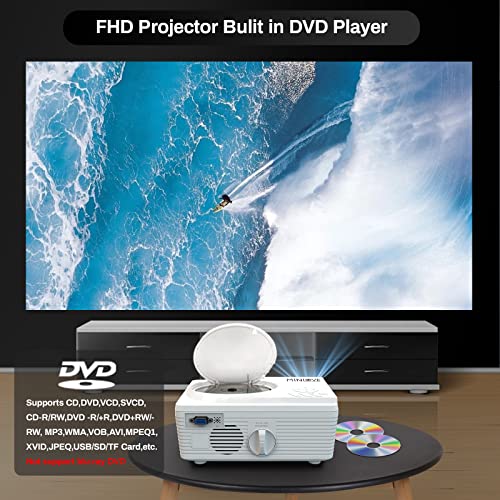 Portable Bluetooth 5.0 Projector Built-in DVD Player, MINLOVE Native 1080P Full HD DVD Projector, Mini Outdoor Movie Projector with Tripod, Video Projector Compatible with iOS/Android/HDMI/TV Stick