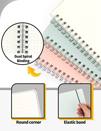 SUNEE Dotted Journal Spiral Notebook - A5 Spiral Bullet Journals with 120gsm Thick Dotted Paper, 3 Pack Dot Grid Notebook Giftable Journal for Women for School, Office, Artist Writing/Drawing, 80 Sheets, 5.7" x 8.3", Blue, Pink, Transparent